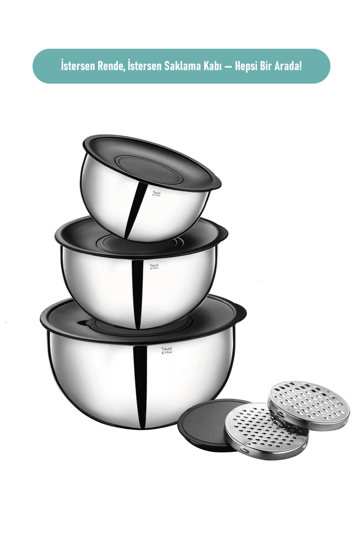 3'lü 304 Çelik Rendeli Saklama ve Karıştırma Kabı Seti (16 cm-1,35 Lt, 20 cm-2,70 Lt, 24 cm-4,60 Lt)