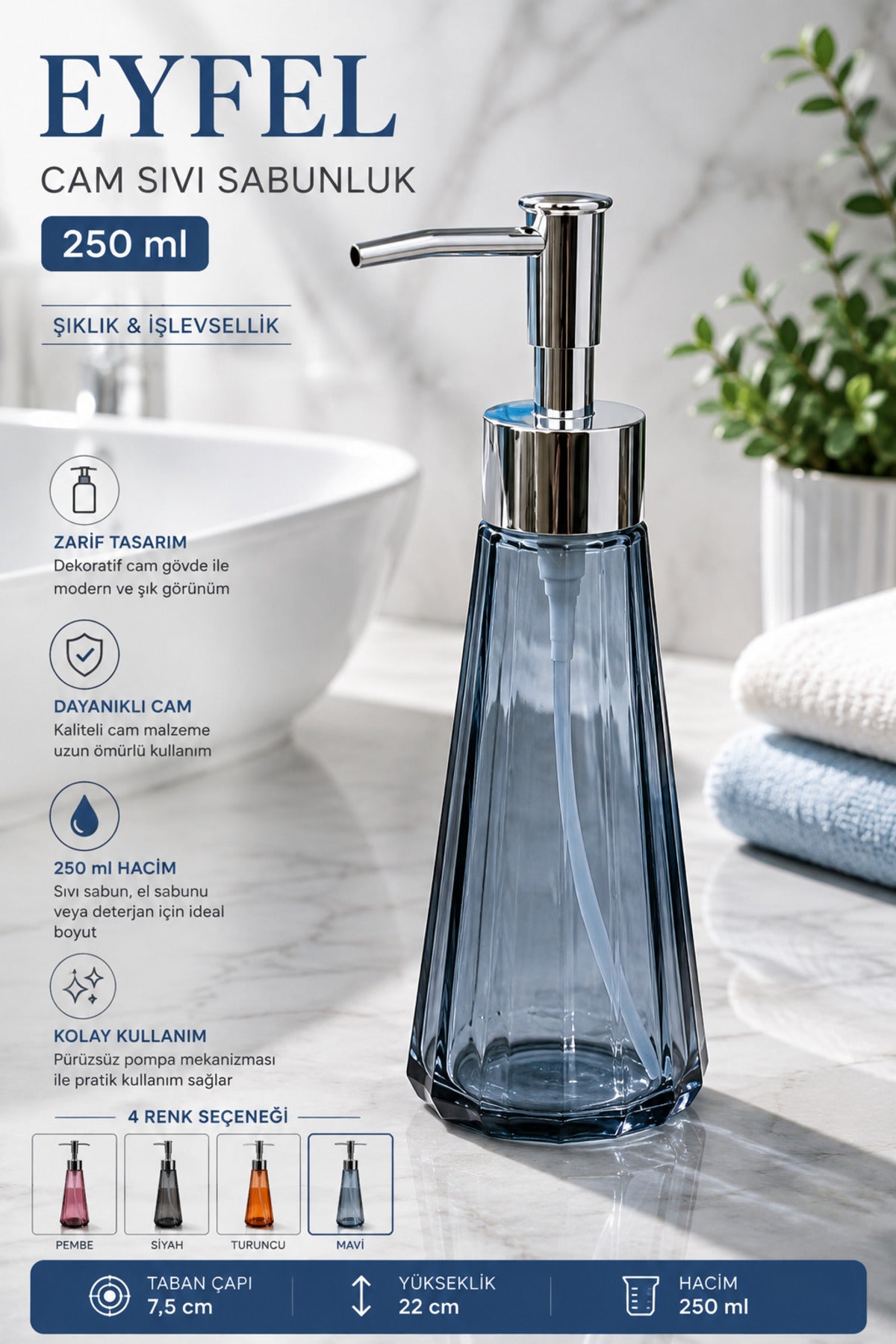 Eyfel Cam Sıvı Sabunluk 250 ml, 7,5x22 cm – Mavi