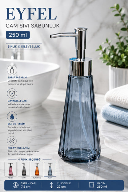 Eyfel Cam Sıvı Sabunluk 250 ml, 7,5x22 cm – Mavi