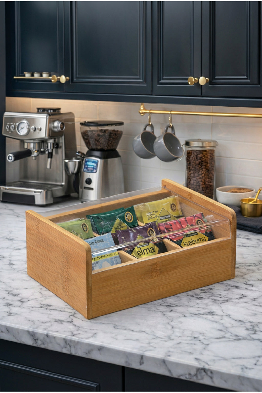 Bambu Çay Kutusu Şeffaf Kapaklı Poşet Çay Saklama Organizatörü Bölmeli Tea Box