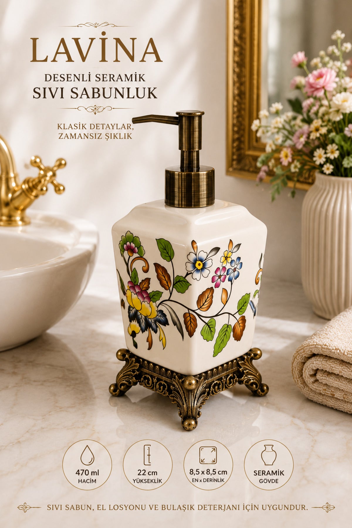 Lavina Seramik Sıvı Sabunluk, Krem, Bronz Ayaklı 470 ml – Bahar