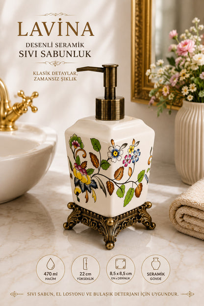 Lavina Seramik Sıvı Sabunluk, Krem, Bronz Ayaklı 470 ml – Bahar