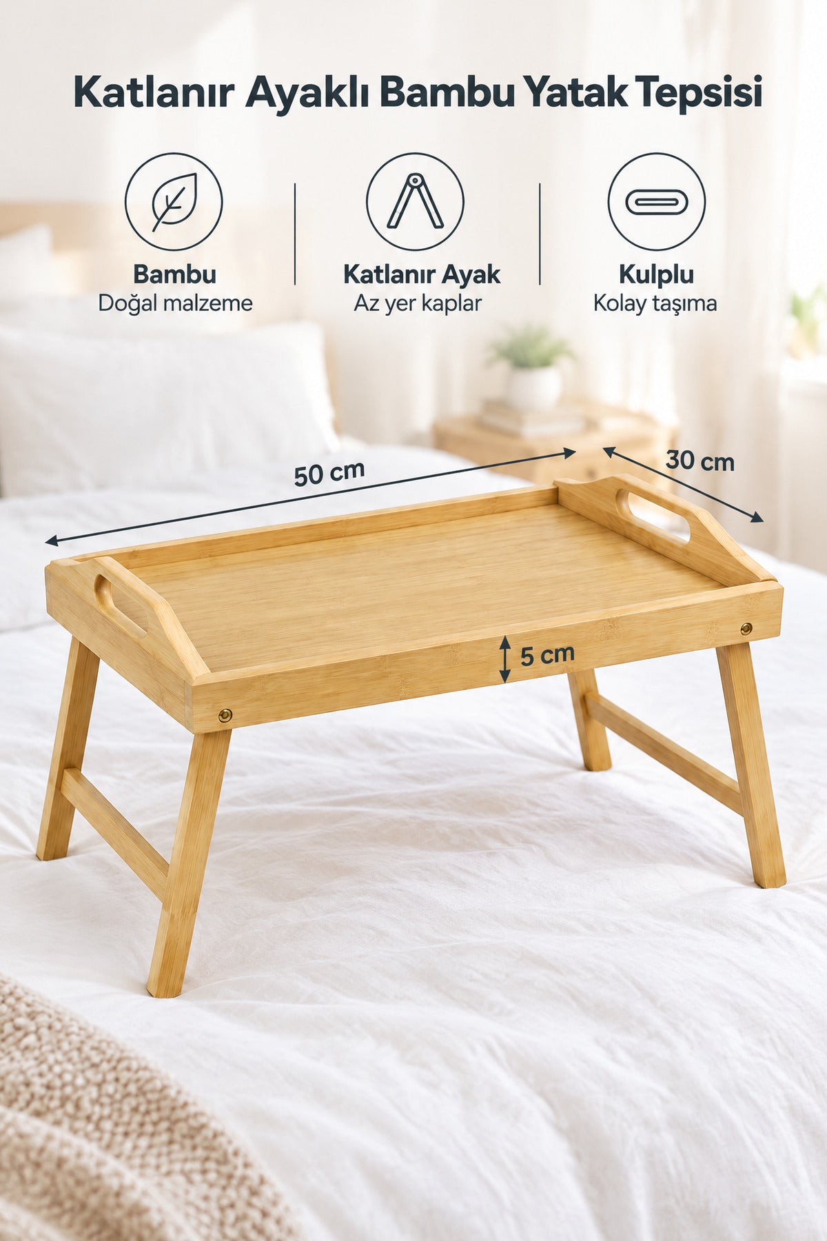 Katlanır Ayaklı Bambu Yatak Tepsisi, Kulplu Keyif ve Kahvaltı Tepsisi, 50x30 cm