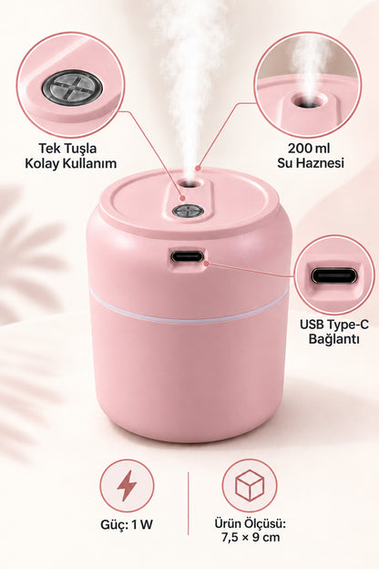 Mini Hava Nemlendirici 200 ml, USB Type-C, 7,5 x 9 cm