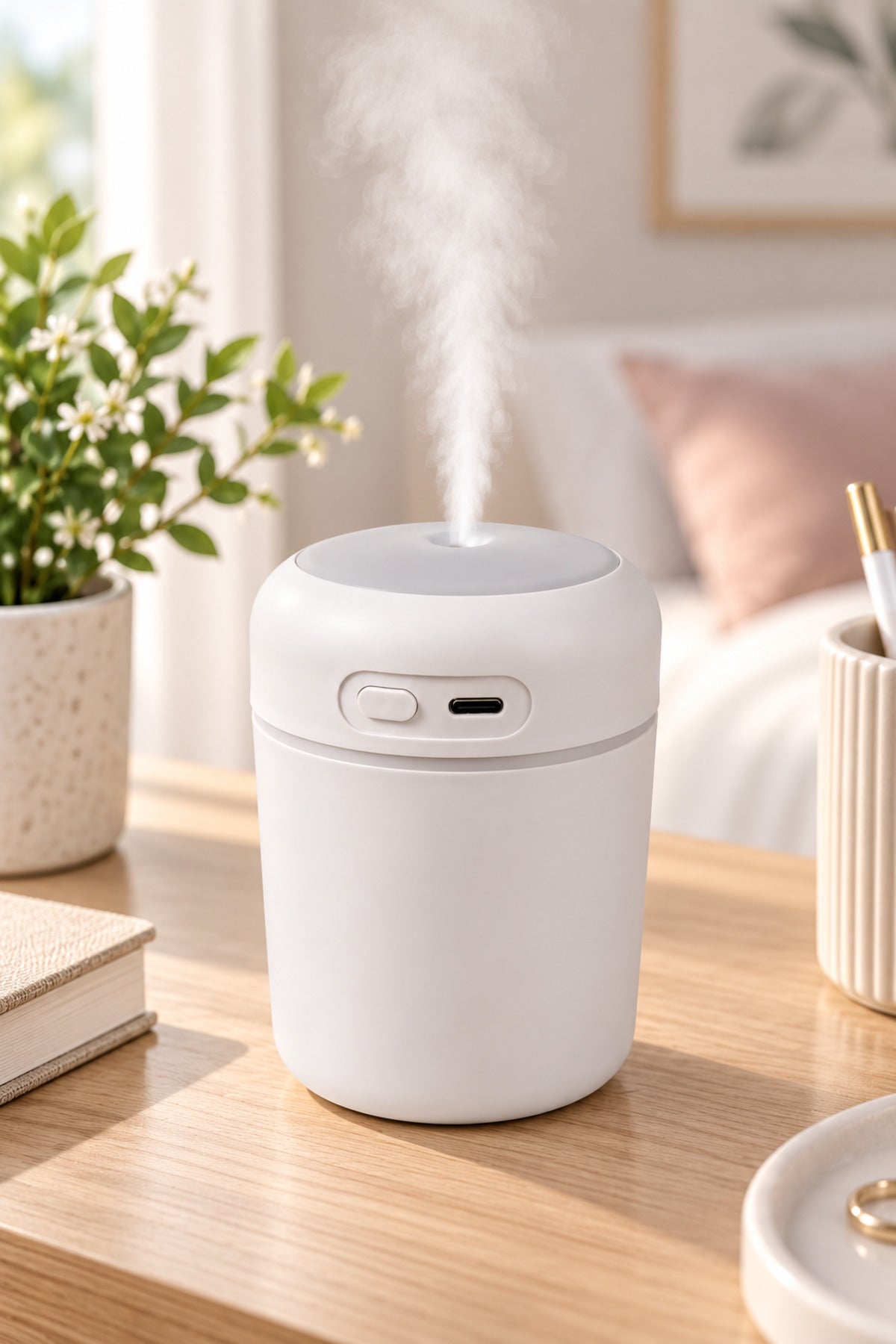 Hava Nemlendirici 300 ml, USB Şarjlı, LED Işıklı, 7,5 x 11 cm – Beyaz