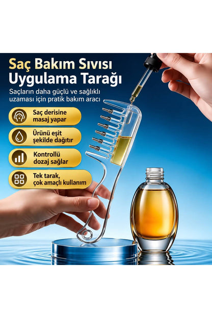Saç Bakım Sıvısı Uygulama Tarağı – Bilyeli Masaj Uçlu, 10 ml Hazneli, Damlalıklı