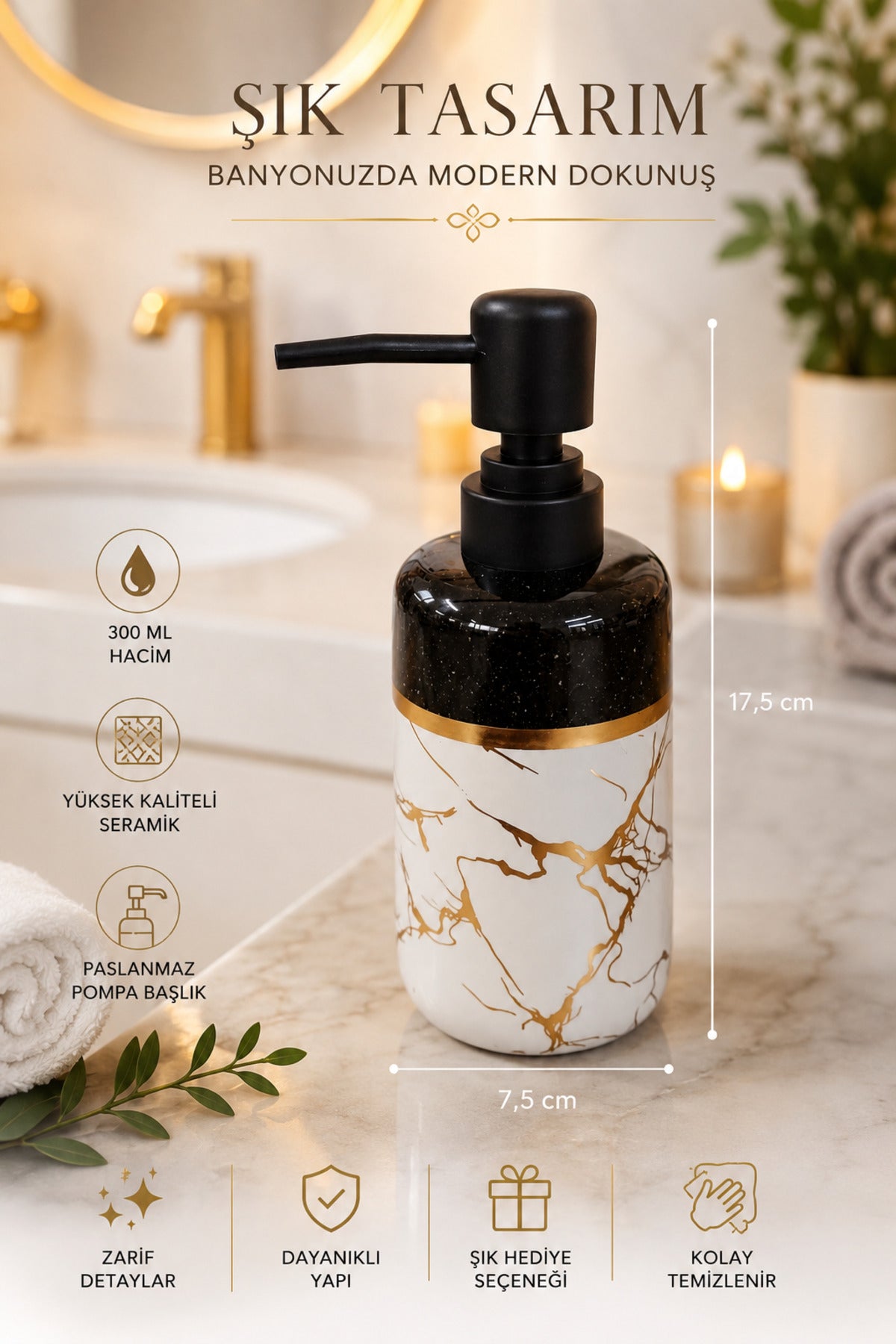 300 ml Seramik Lenora Sıvı Sabunluk, 7 cm çap, 18 cm yükseklik