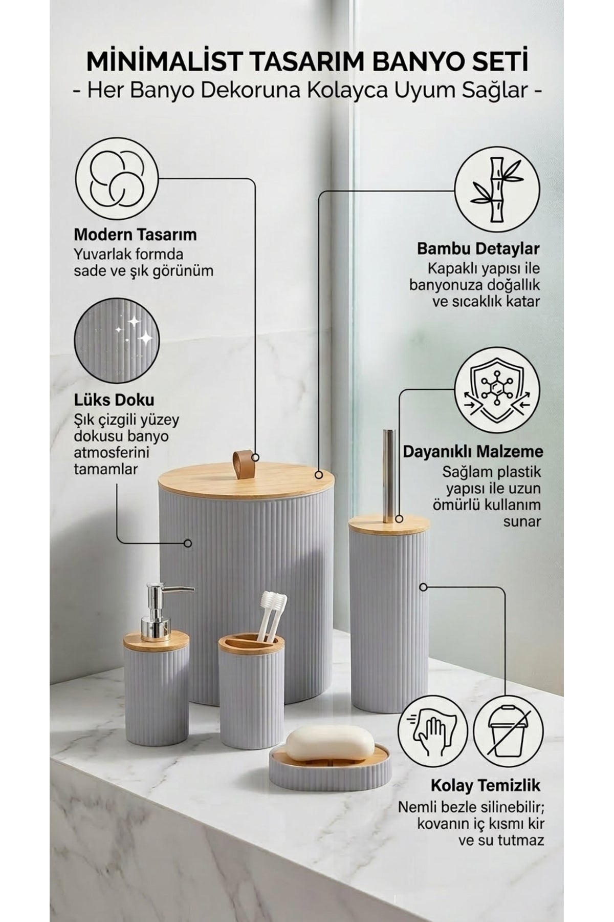 5 Parça Yuvarlak Banyo Seti, Bambu Kapaklı, Hacim: 7 litre