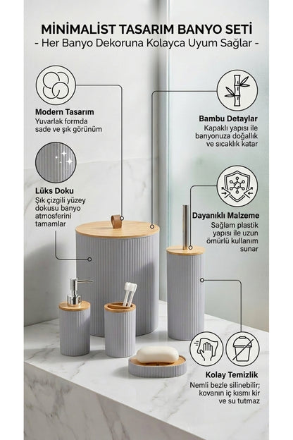 5 Parça Yuvarlak Banyo Seti, Bambu Kapaklı, Hacim: 7 litre