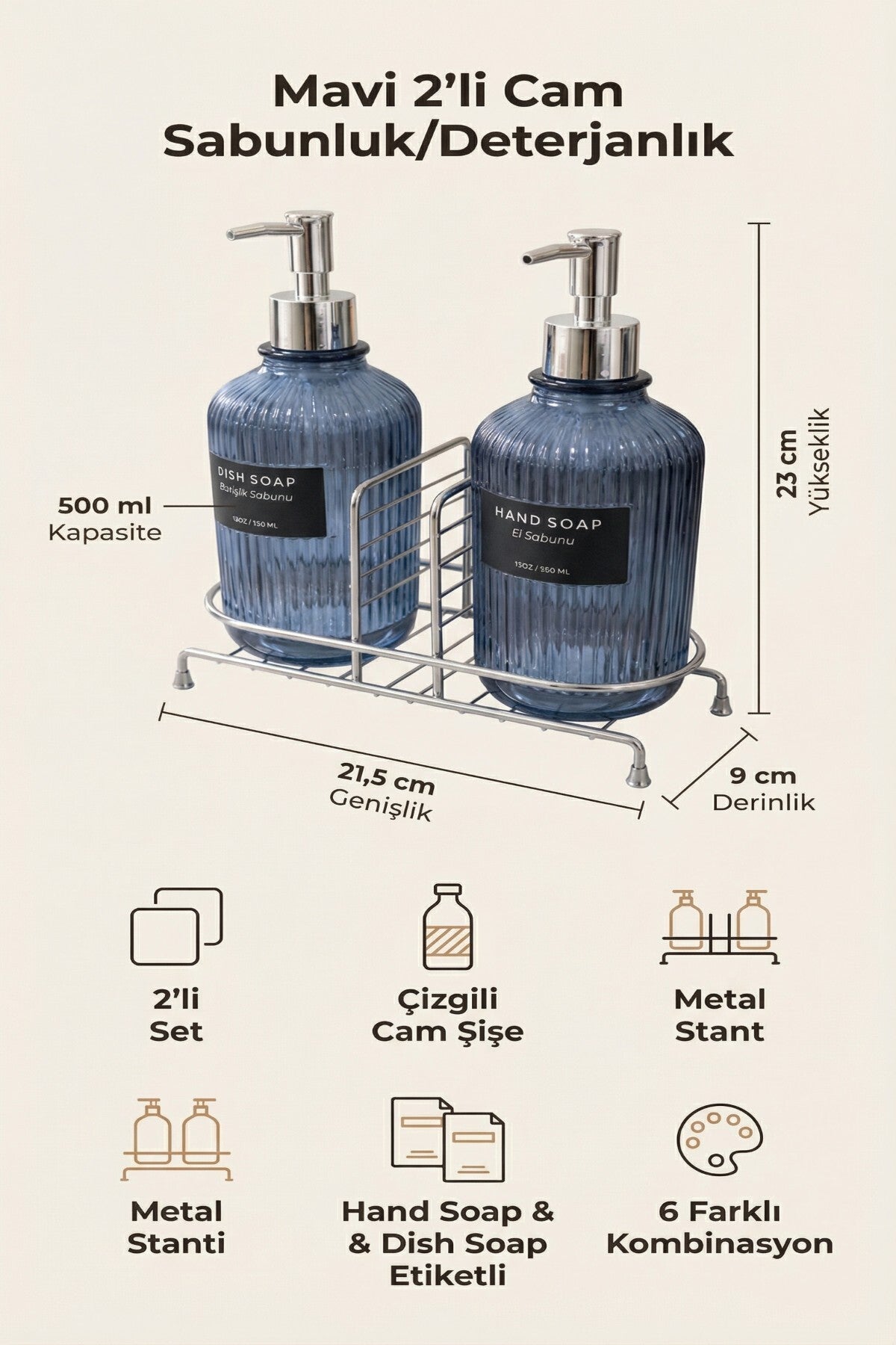 2'li Cam Sabunluk/Deterjanlık, 500 ml, Renk Metal Stantlı, 21,5x9x23 cm
