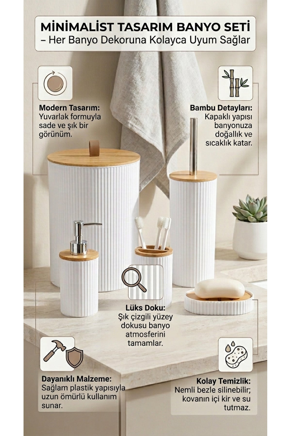 5 Parça Yuvarlak Banyo Seti, Bambu Kapaklı, Hacim: 7 litre