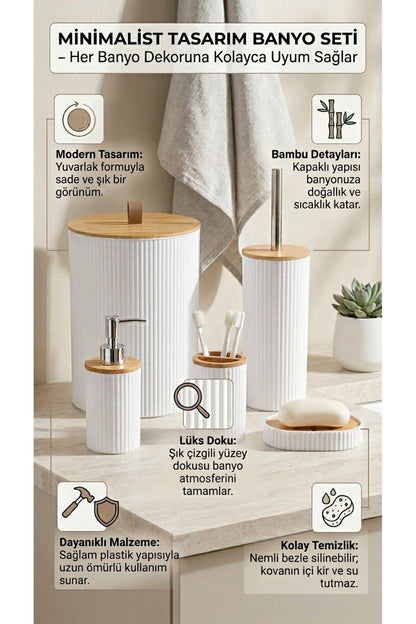 5 Parça Yuvarlak Banyo Seti, Bambu Kapaklı, Hacim: 7 litre