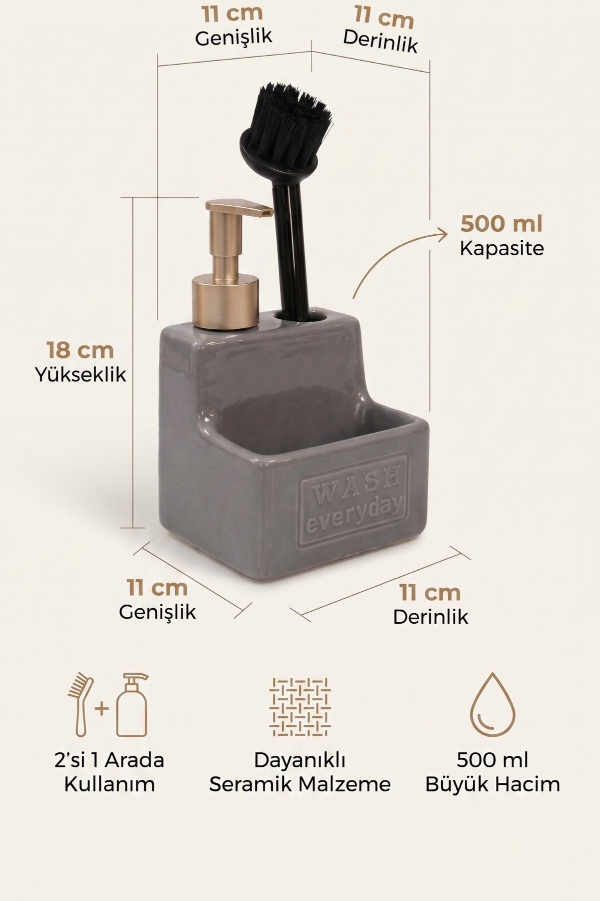 500 ml Seramik Sıvı Sabunluk Deterjanlık Fırçalık, 11x11x18 cm – Gri
