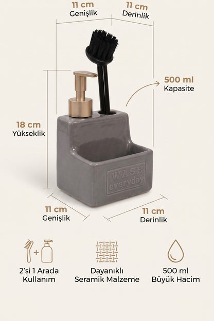 500 ml Seramik Sıvı Sabunluk Deterjanlık Fırçalık, 11x11x18 cm – Gri