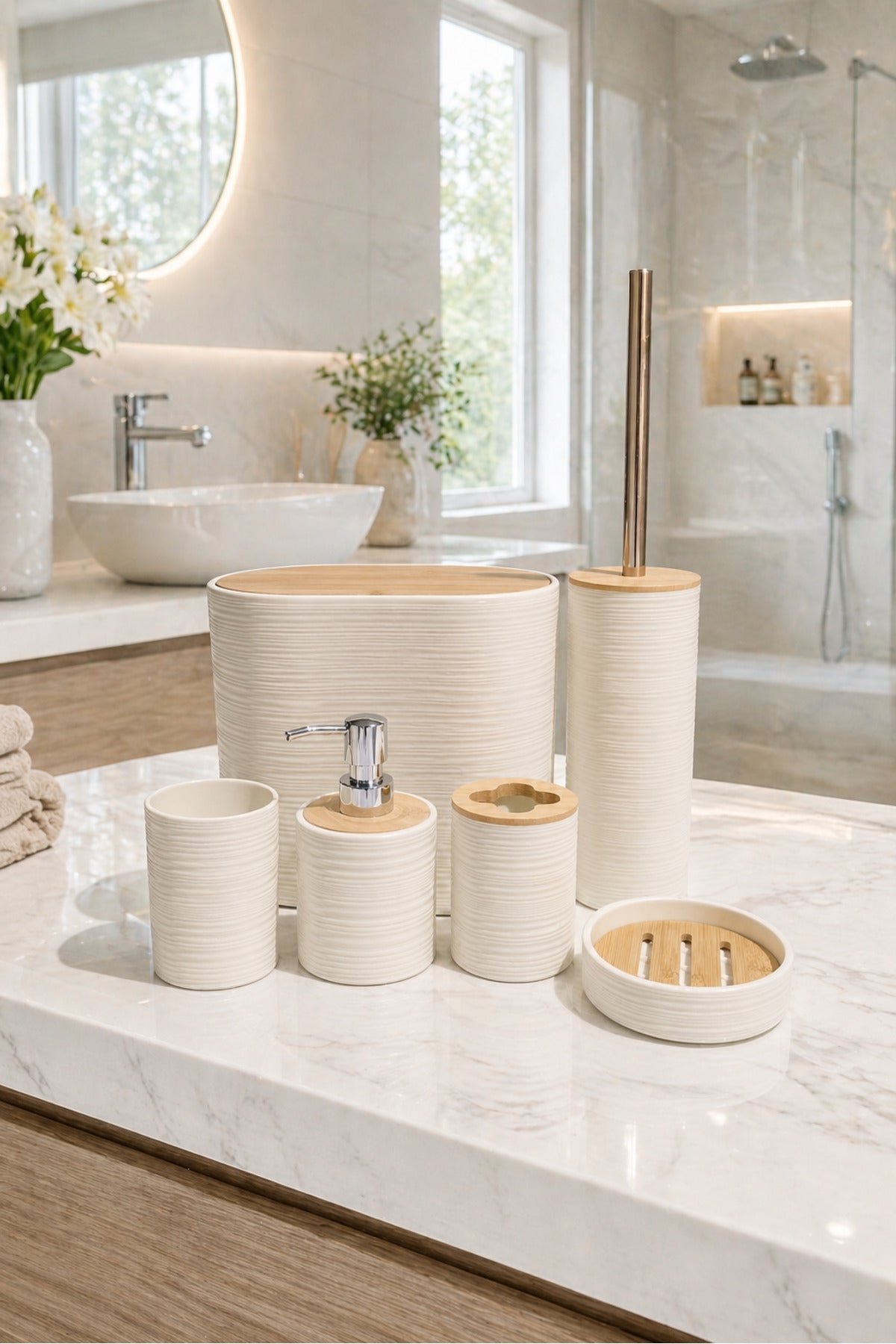 6 Parça Banyo Seti, Bambu Detaylı, 8L Çöp Kovası 24x26x16 cm – Krem 317-6-B