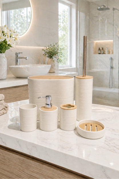 6 Parça Banyo Seti, Bambu Detaylı, 8L Çöp Kovası 24x26x16 cm – Krem 317-6-B