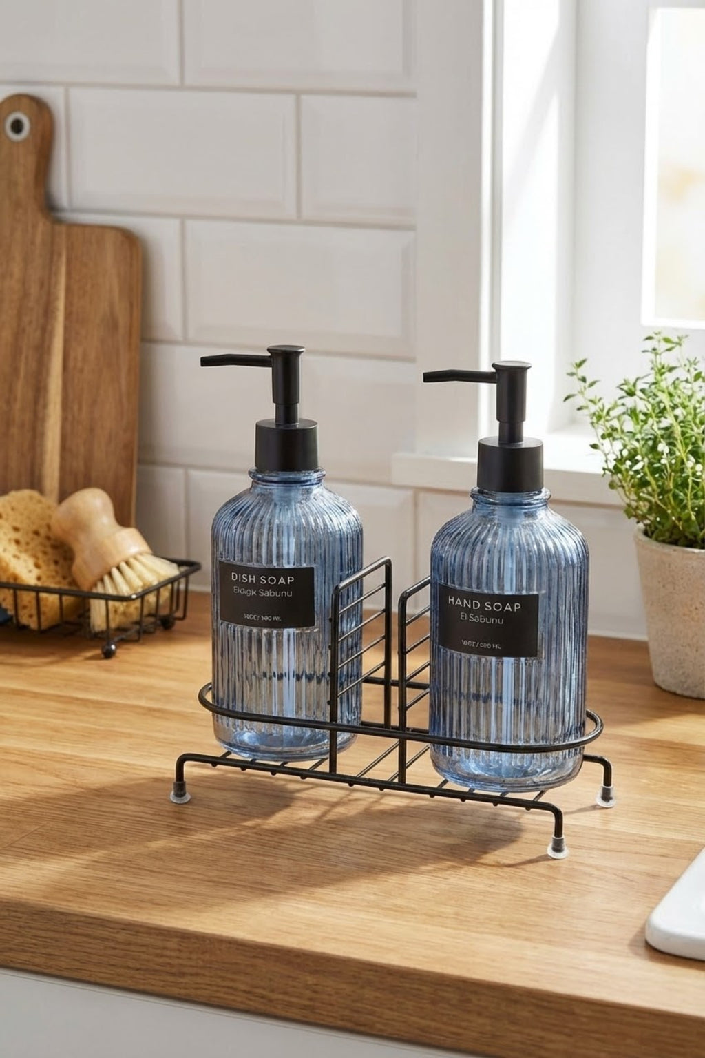 Modern Çizgili Yuvarlak Cam Ikili Sıvı Sabunluk & Deterjanlık Seti, Mavi - 500 Ml Cam Sabunluk