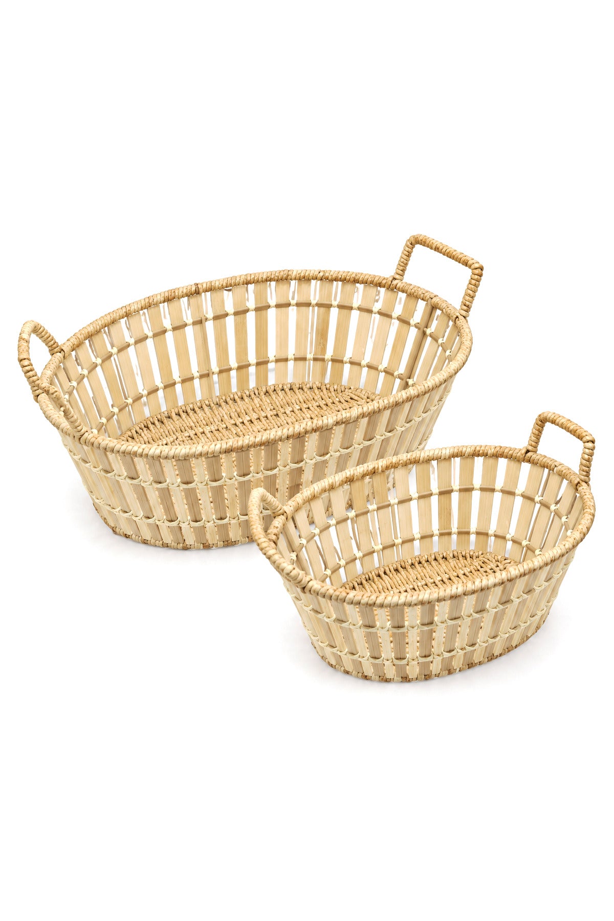 2'li Oval Bambu Hasır Kulplu Sepet Seti, Ekmek ve Meyve Sepeti, 30 cm + 25 cm