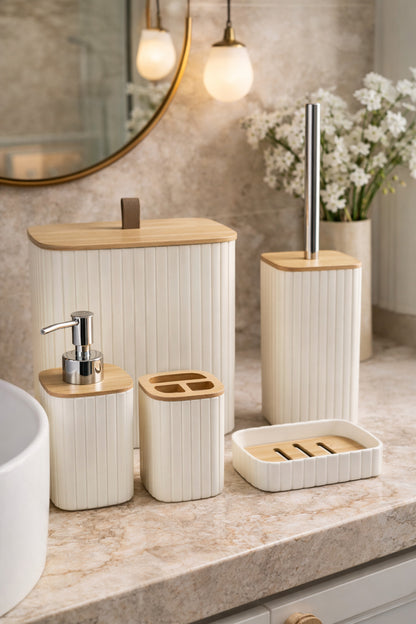 Bambu Kapaklı Çizgili Dikdörtgen 5 Parça Banyo Seti, 21 x 19 x 24 cm. – Krem