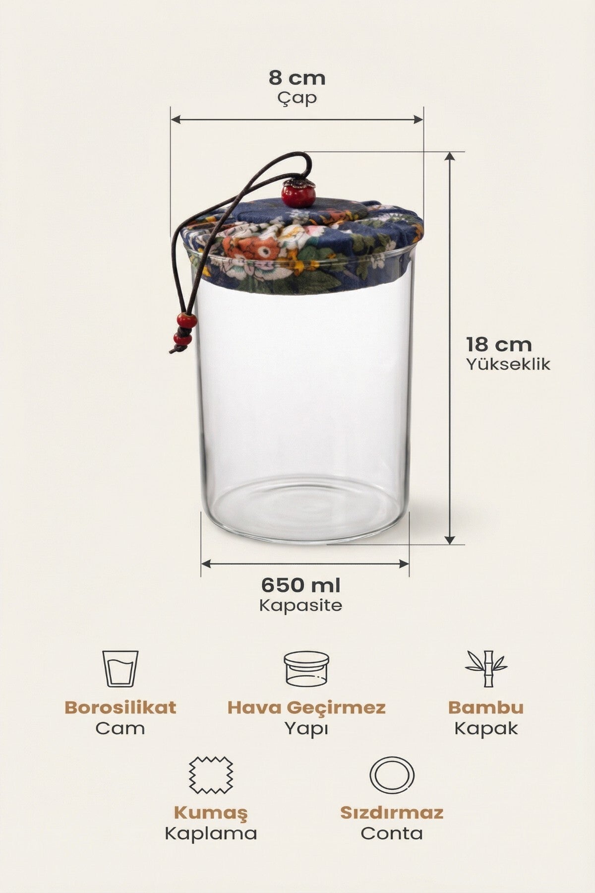 650 ml Borosilikat Cam Hava Geçirmez Kumaş Kaplama Bambu Kapaklı Kavanoz, çap: 8 cm, h: 18 cm