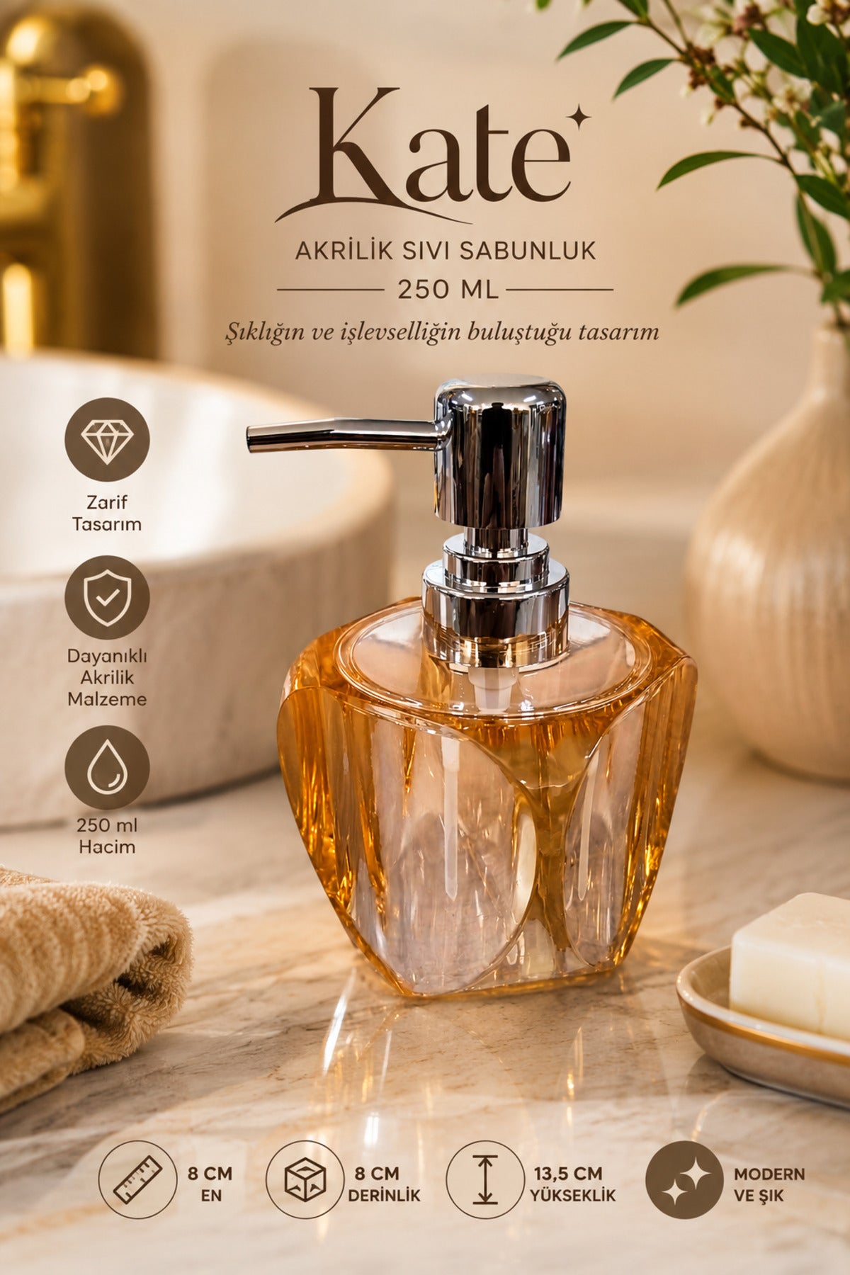 Kate Akrilik Sıvı Sabunluk 250 ml, 8x8x13,5 cm – Turuncu