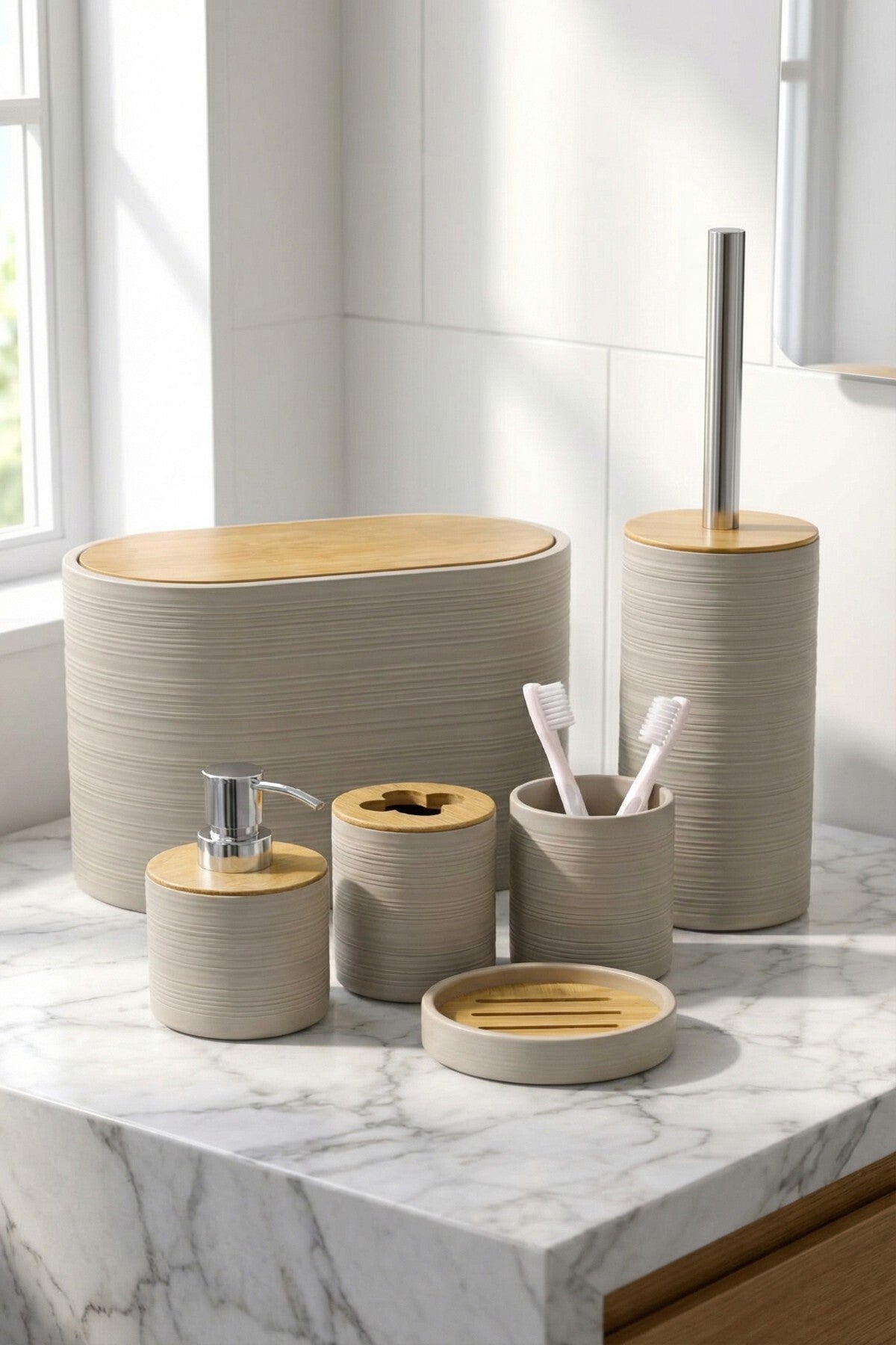 6 Parça Banyo Seti, Bambu Detaylı, 8L Çöp Kovası 24x26x16 cm