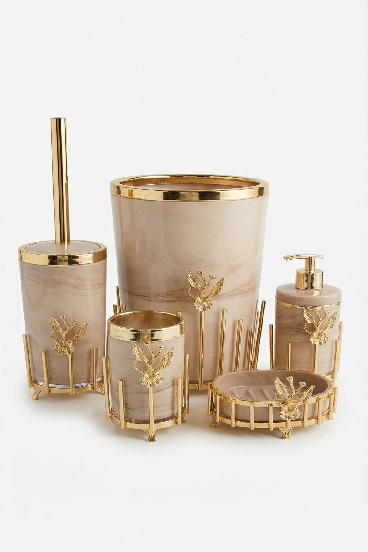 Gold Kaplama Metal Stantlı 5 Parça Mermer Desenli ve Düz Renk Seçenekli Banyo Aksesuar Takımı