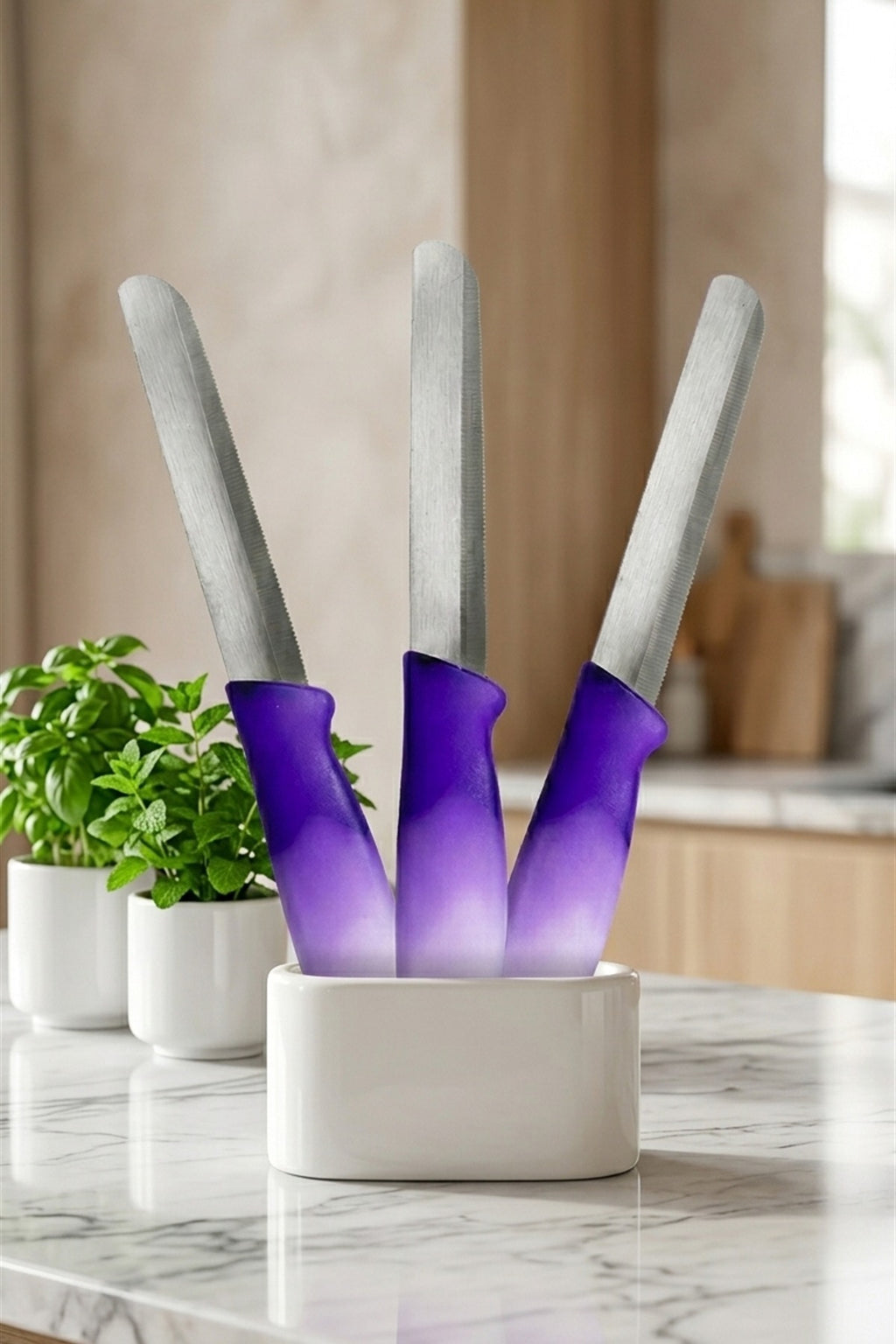 3'lü Tırtıklı Meyve ve Kahvaltı Bıçağı Seti Mor-Beyaz Saplı 21 cm - görsel 5