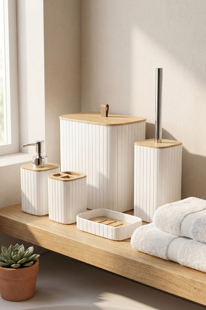 Bambu Kapaklı Çizgili Dikdörtgen 5 Parça Banyo Seti, 21 x 19 x 24 cm.