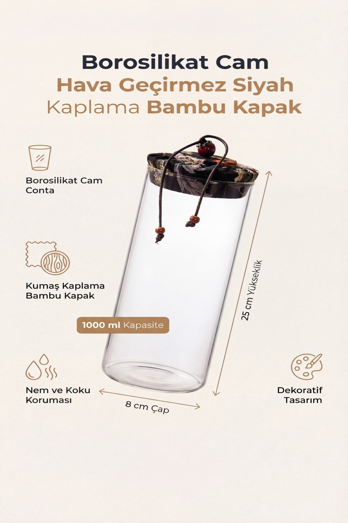 1000 ml Borosilikat Cam Hava Geçirmez Kumaş Kaplama Bambu Kapaklı Kavanoz, çap:8 cm, h:25 cm
