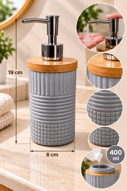 400 ml Bambu Kapaklı Sıvı Sabunluk, Desenli Seramik, 8x19 cm