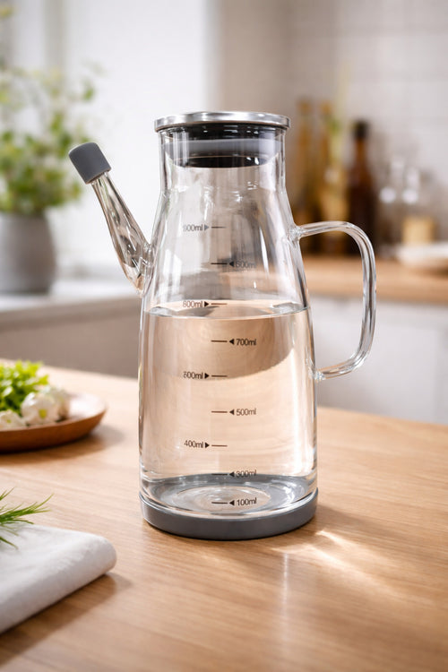 1000 ml Cam Yağlık Sirkelik Sürahi, 22 cm Yükseklik, 10 cm Çap, Paslanmaz Çelik Kapaklı