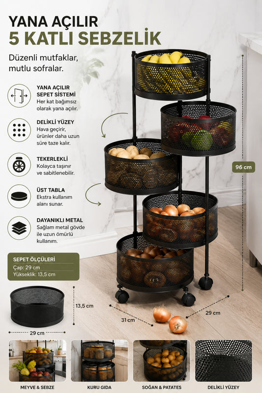 5 Katlı Tekerlekli Metal Sebzelik, Siyah, Yana Açılır Sepetli, Üst Tablalı, 96 cm