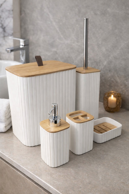 Bambu Kapaklı Çizgili Dikdörtgen 5 Parça Banyo Seti, 21 x 19 x 24 cm.