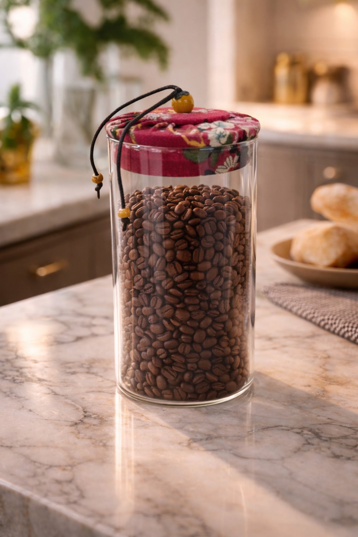 650 ml Borosilikat Cam Hava Geçirmez Kumaş Kaplama Bambu Kapaklı Kavanoz, çap: 8 cm, h: 18 cm