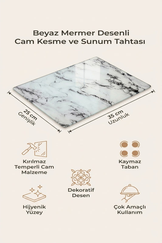 Cam Kesme Tahtası Kırılmaz Temperli 25x35 cm Beyaz Mermer Desenli Kaymaz
