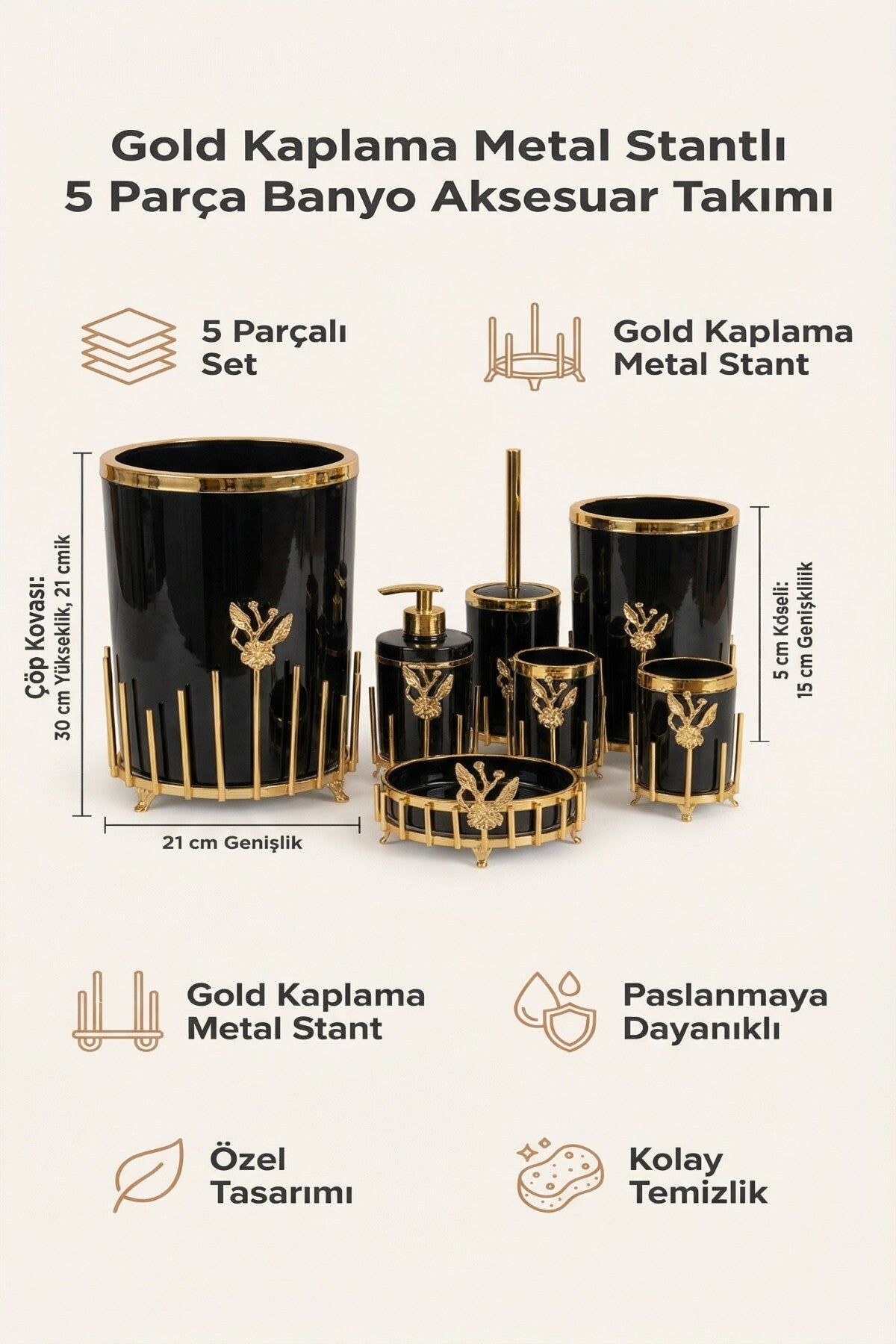 Gold Kaplama Metal Stantlı 5 Parça Mermer Desenli ve Düz Renk Seçenekli Banyo Aksesuar Takımı