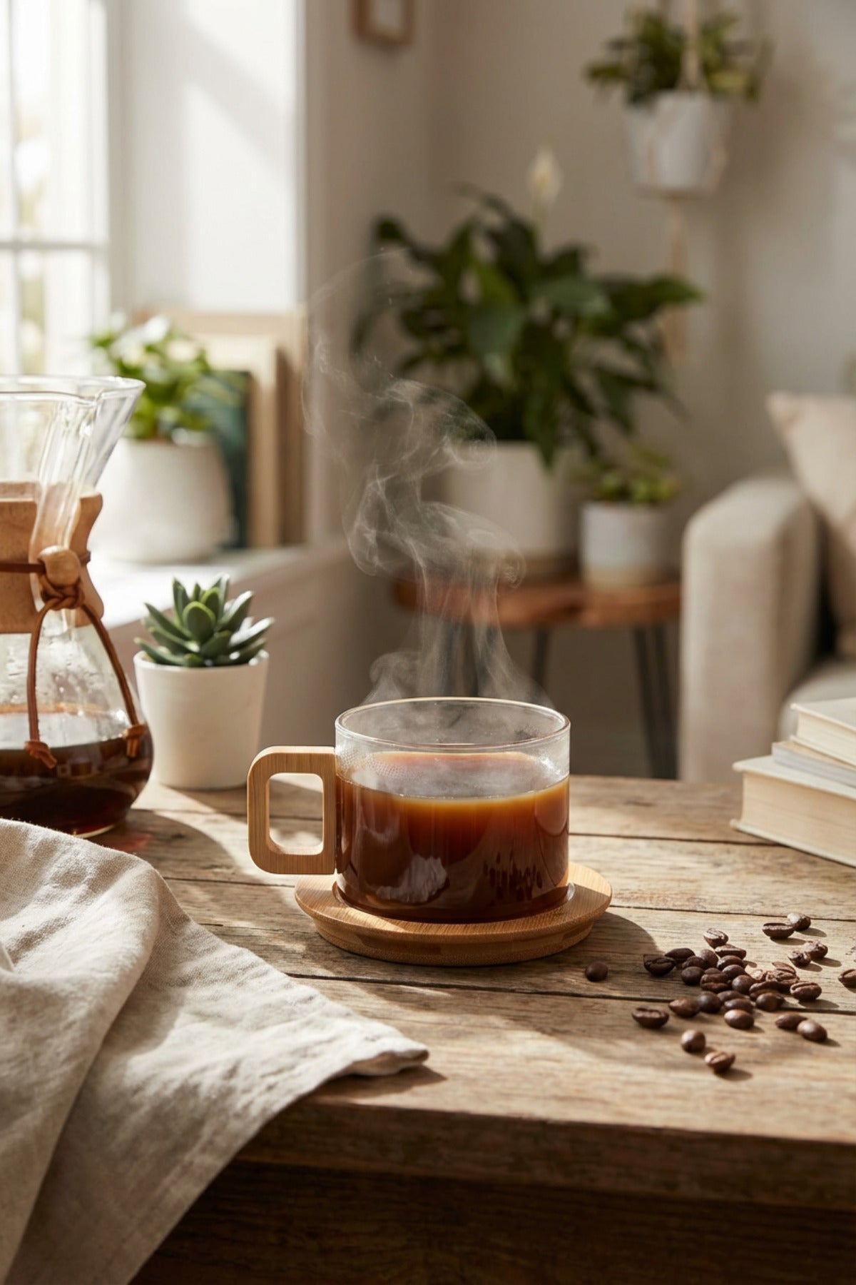 Bambu Kulplu ve Altlıklı Cam Kupa 200 ml – Borosilikat Cam