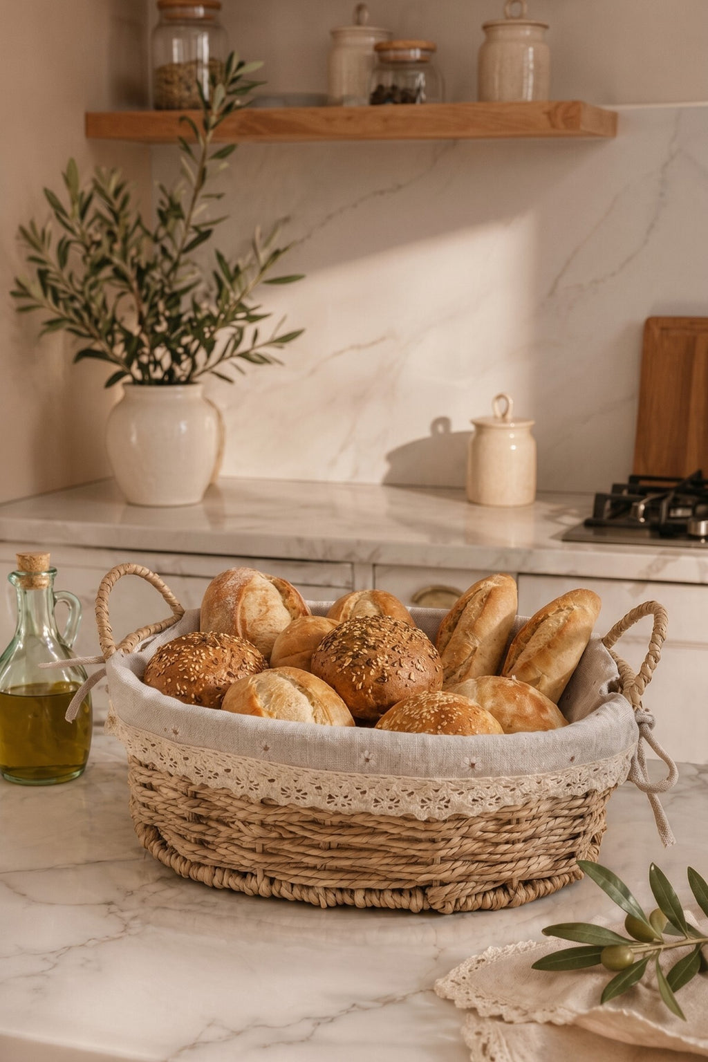 Oval Bambu Ekmek Sepeti, 30 x 21 x 10 cm, Dantelli Çiçek Desenli Kumaş, Metal Çerçeve - görsel 5