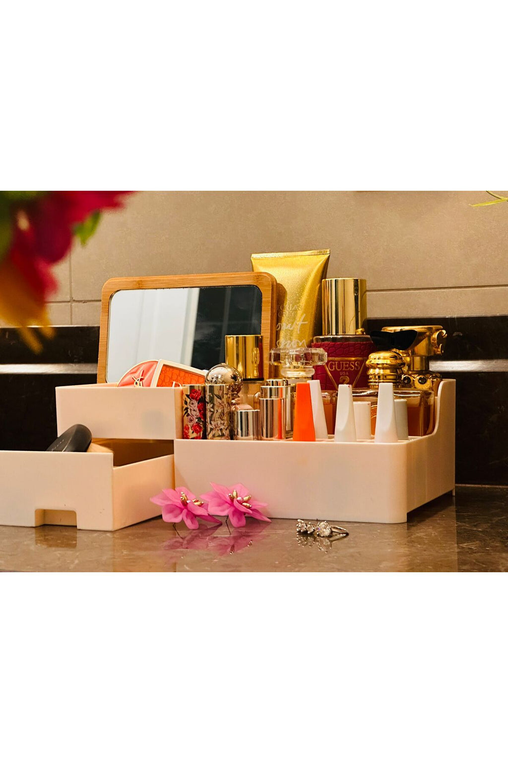 Bambu Aynalı Kozmetik Takı Makyaj Organizer, 29 x 17,5 x 10 cm, Portatif Bambu Aynalı
