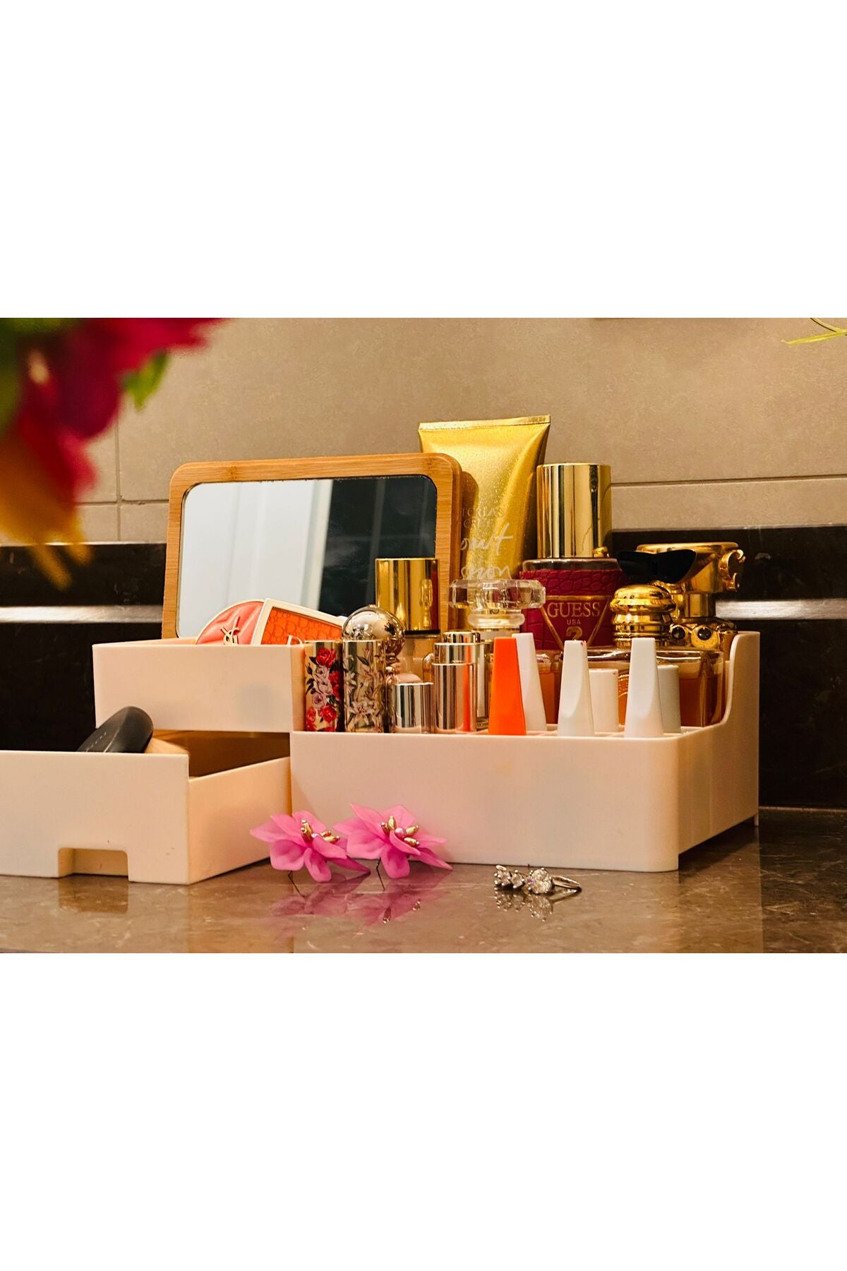 Bambu Aynalı Kozmetik Takı Makyaj Organizer, 29 x 17,5 x 10 cm, Portatif Bambu Aynalı
