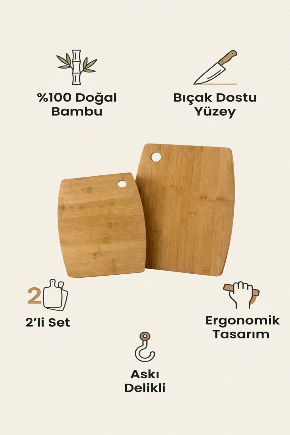 2’li Bambu Kesme Tahtası Ve Sunum Seti – Doğal Ahşap, Dayanıklı, Çok Amaçlı Mutfak Kesim Panosu