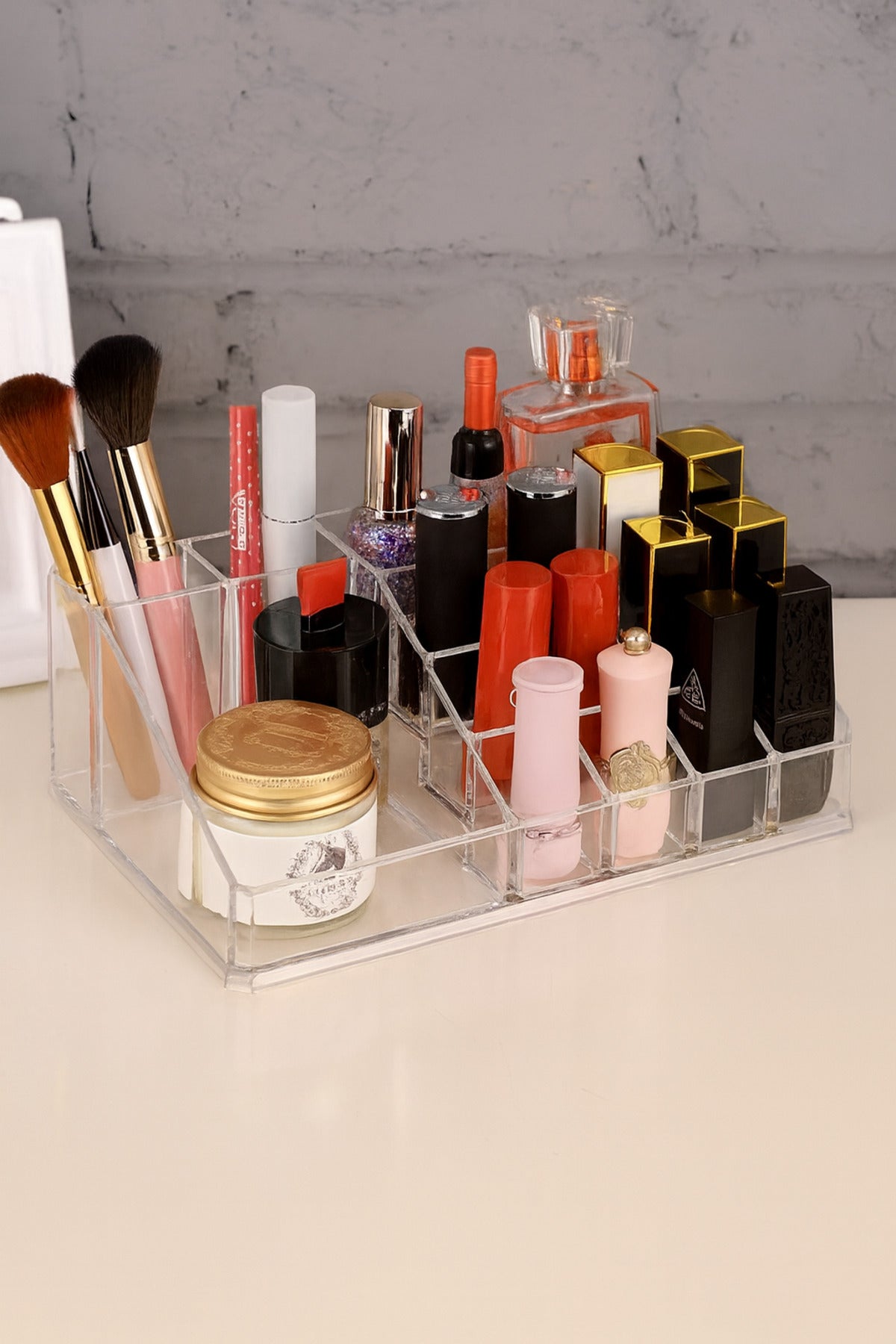 Şeffaf Makyaj Organizeri, Uzunluk: 21,5 cm, Genişlik: 12,5 cm, Yükseklik: 8 cm