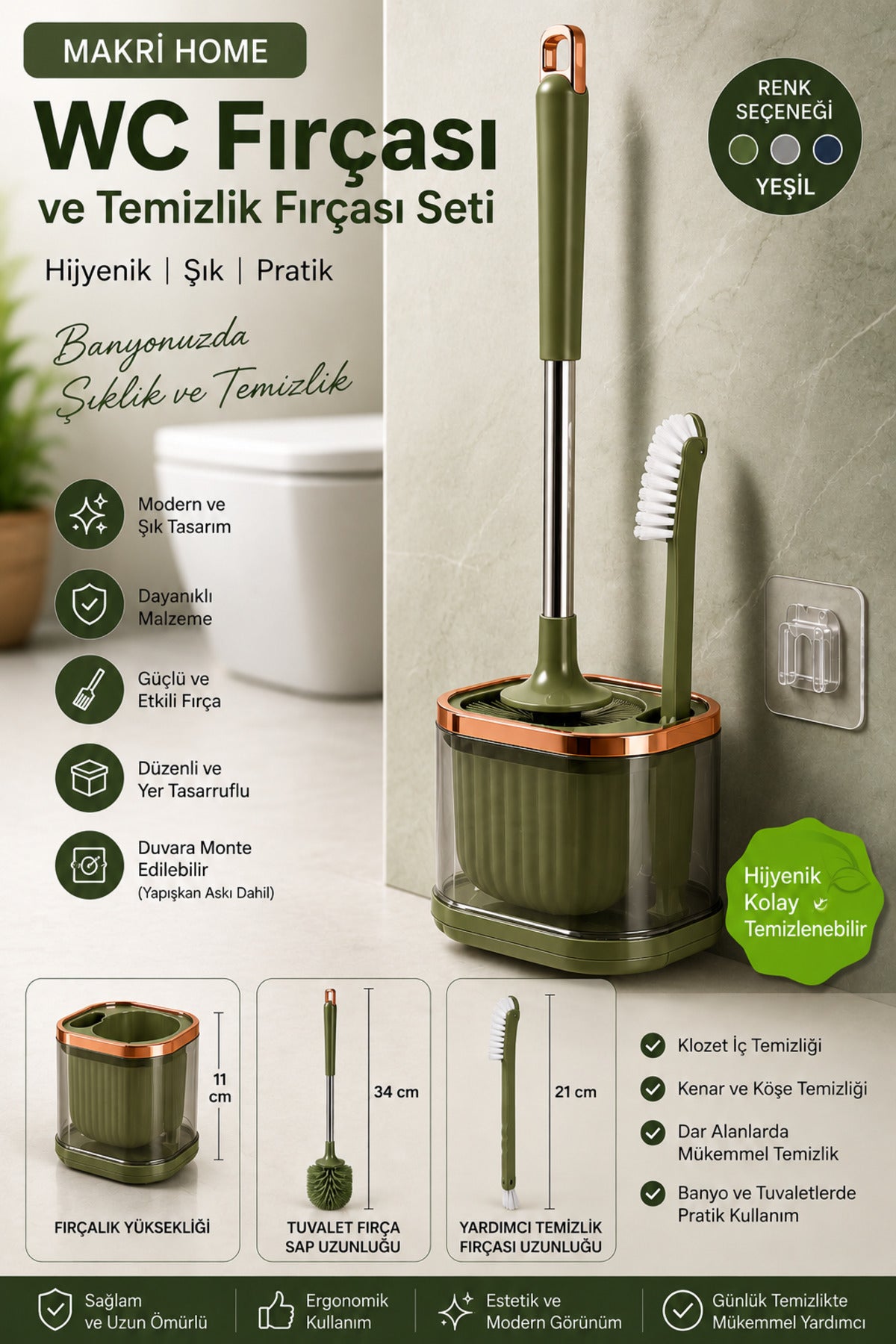 WC Fırçası ve Temizlik Fırçası Seti, Yeşil, Duvara Monte Edilebilir, 45 cm - görsel 2