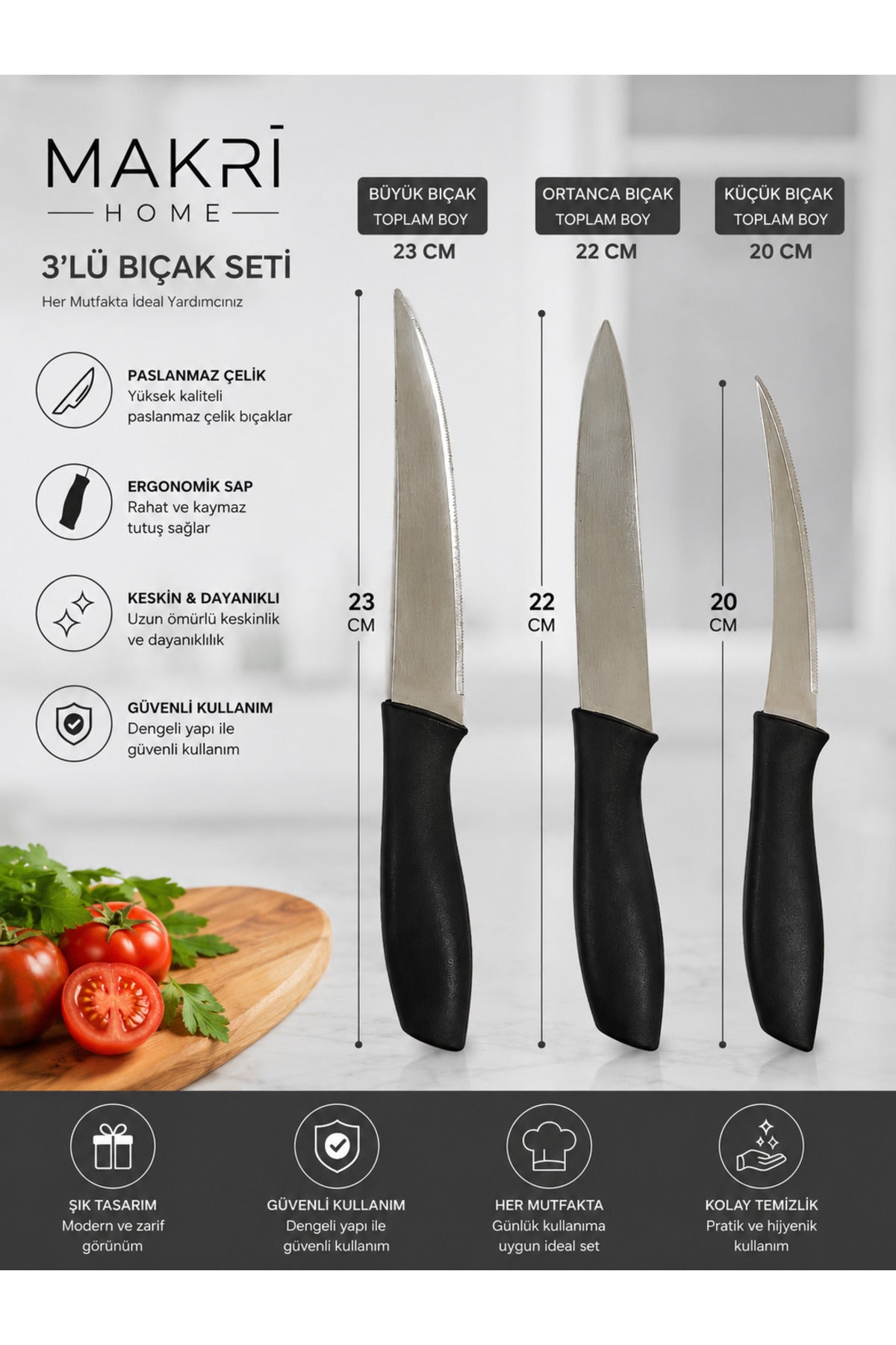 3'lü Paslanmaz Çelik Mutfak Bıçak Seti – 23 cm, 22 cm, 20 cm