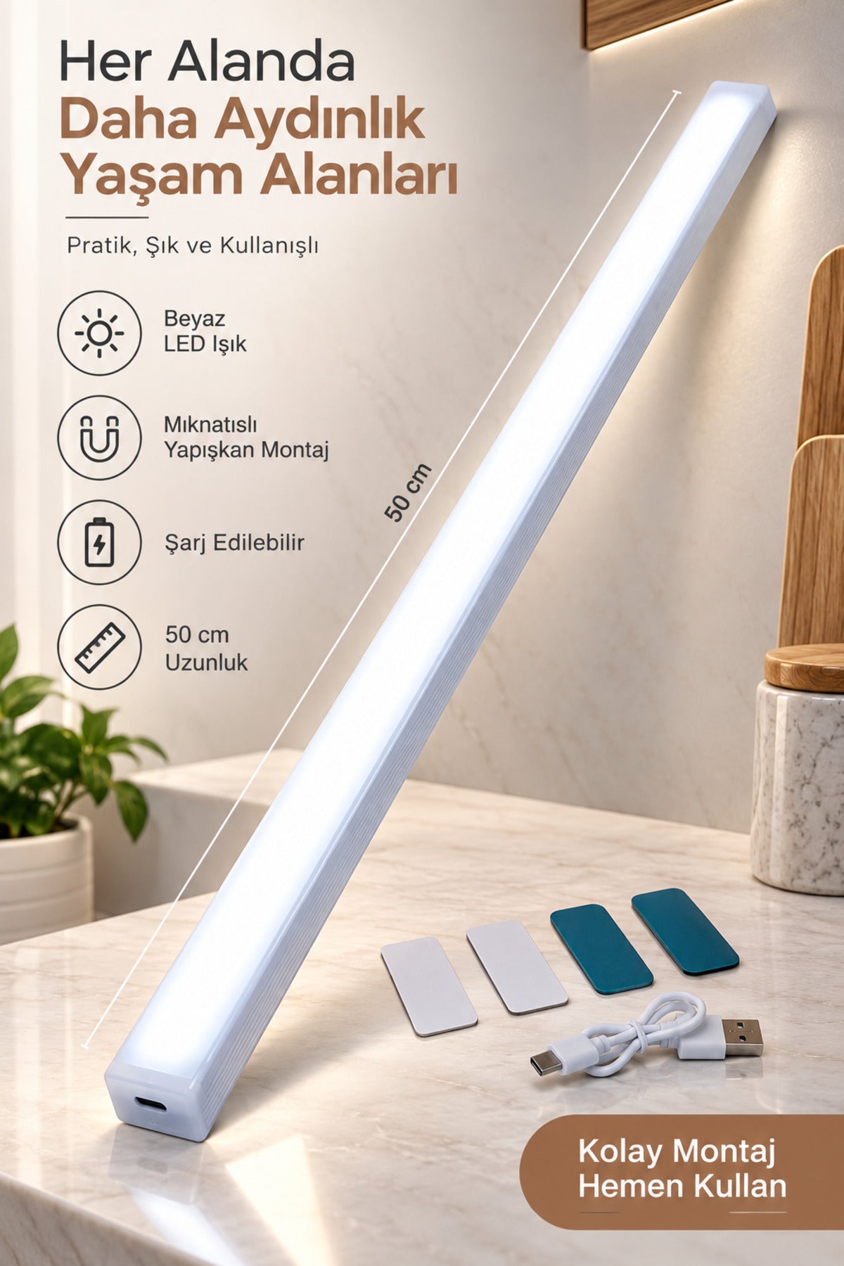 50 cm Şarjlı LED Dolap Altı Aydınlatma Beyaz Işık Mıknatıslı Yapışkanlı