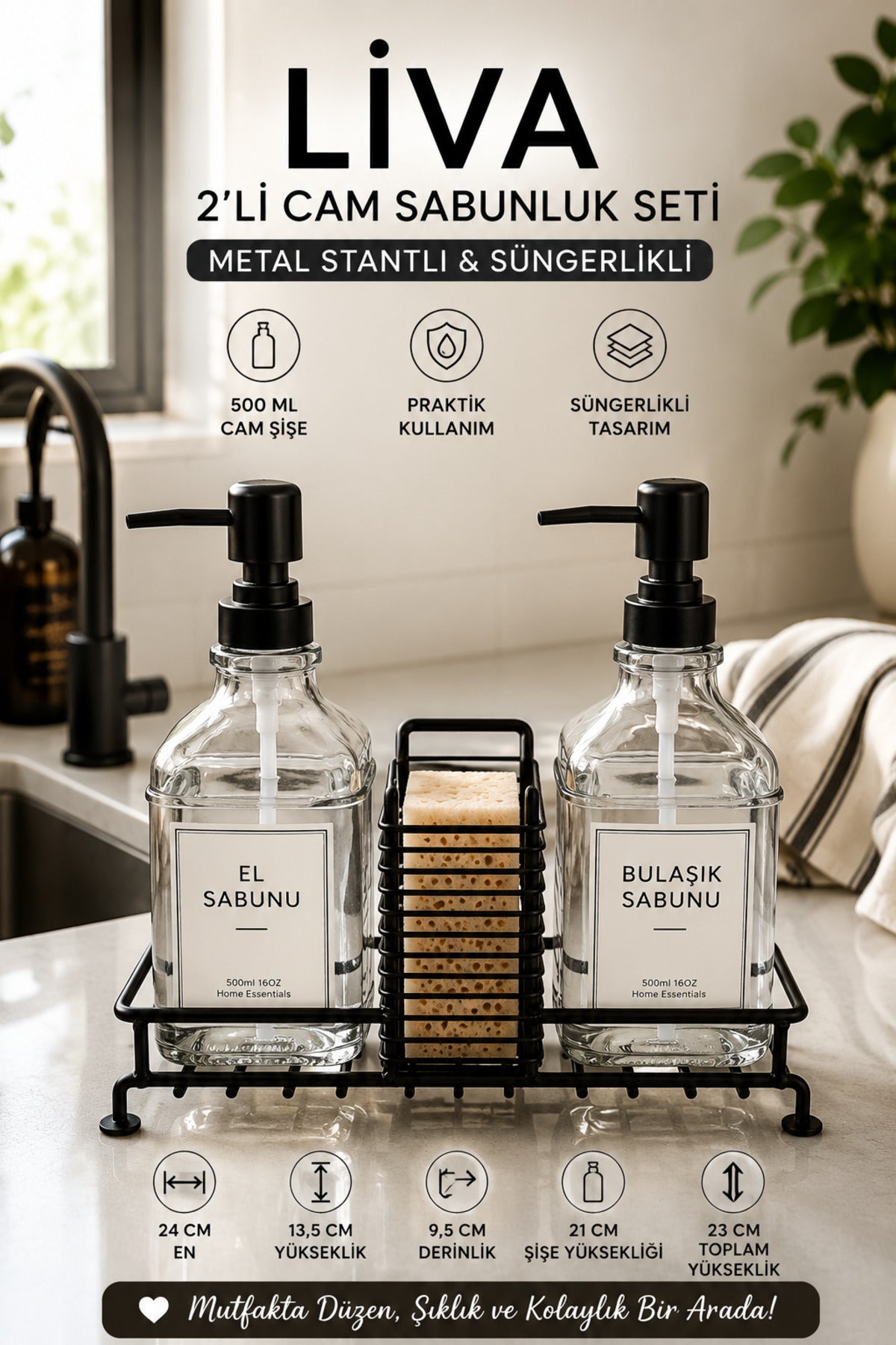 Liva 2’li Cam Sıvı Sabunluk Seti, Metal Stantlı, Süngerlikli, 2 x 500 ml, 24x9,5x23 cm. – Siyah