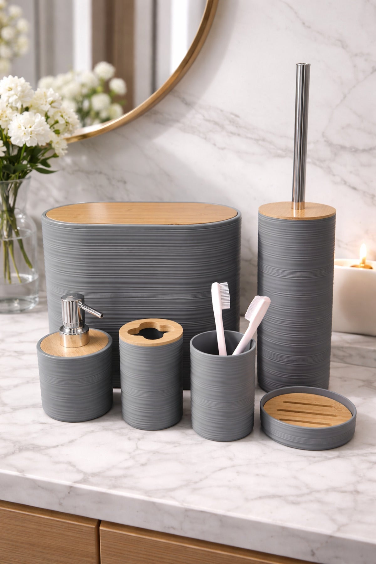 6 Parça Banyo Seti, Bambu Detaylı, 8L Çöp Kovası 24x26x16 cm – Gri 317-6-C