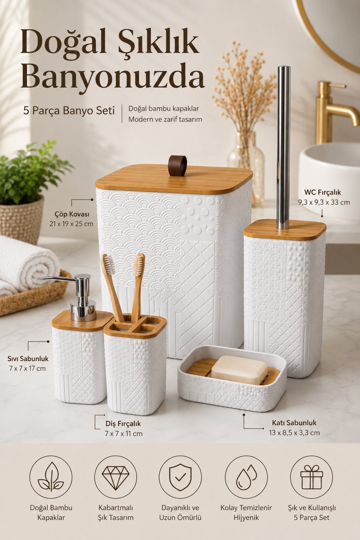 Bambu Detaylı 5 Parça Beyaz Banyo Seti, 21 x 19 x 25 cm