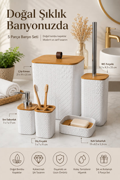 Bambu Detaylı 5 Parça Beyaz Banyo Seti, 21 x 19 x 25 cm
